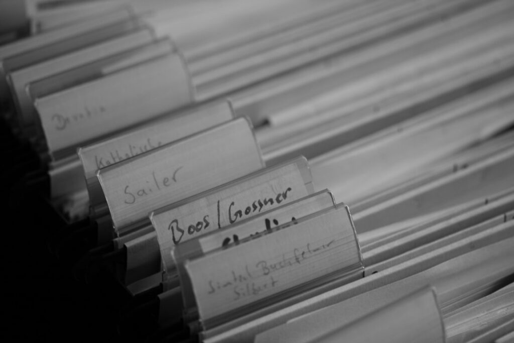 Organized legal filing system with labeled documents and folders