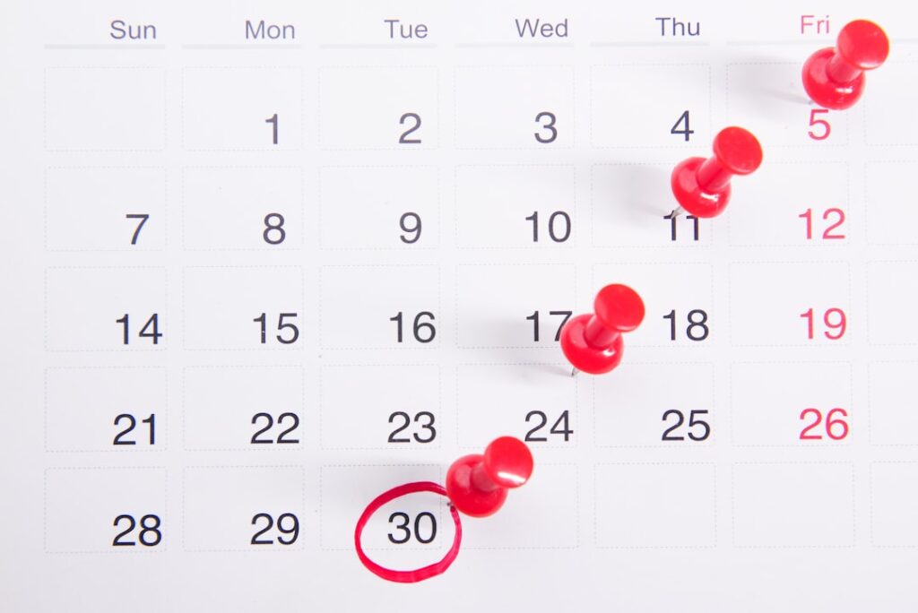 Calendário com prazos marcados para abertura de inventário imobiliário